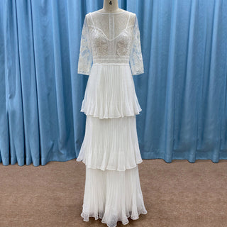 Three Quarter Sleeve Sheer Sheath Wedding Dress with Multi Layers - Rosymae