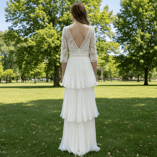 Three Quarter Sleeve Sheer Sheath Wedding Dress with Multi Layers - Rosymae