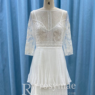 Three Quarter Sleeve Sheer Sheath Wedding Dress with Multi Layers - Rosymae
