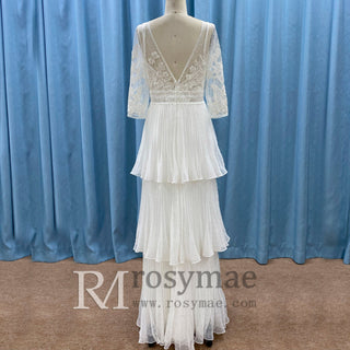 Three Quarter Sleeve Sheer Sheath Wedding Dress with Multi Layers - Rosymae