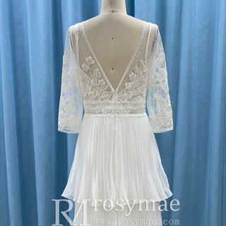 Three Quarter Sleeve Sheer Sheath Wedding Dress with Multi Layers - Rosymae