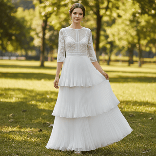 Three Quarter Sleeve Sheer Sheath Wedding Dress with Multi Layers - Rosymae