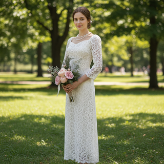 Boat Neck Mid Calf Lace Wedding Dress with Three Quarter Sleeve