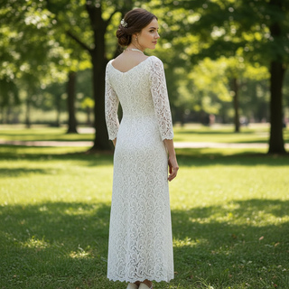 Boat Neck Mid Calf Lace Wedding Dress with Three Quarter Sleeve