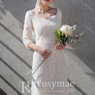 Queen-ann Neck Mid Calf Lace Wedding Dress with Three Quarter Sleeve