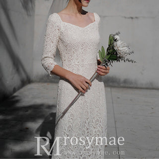 Queen-ann Neck Mid Calf Lace Wedding Dress with Three Quarter Sleeve