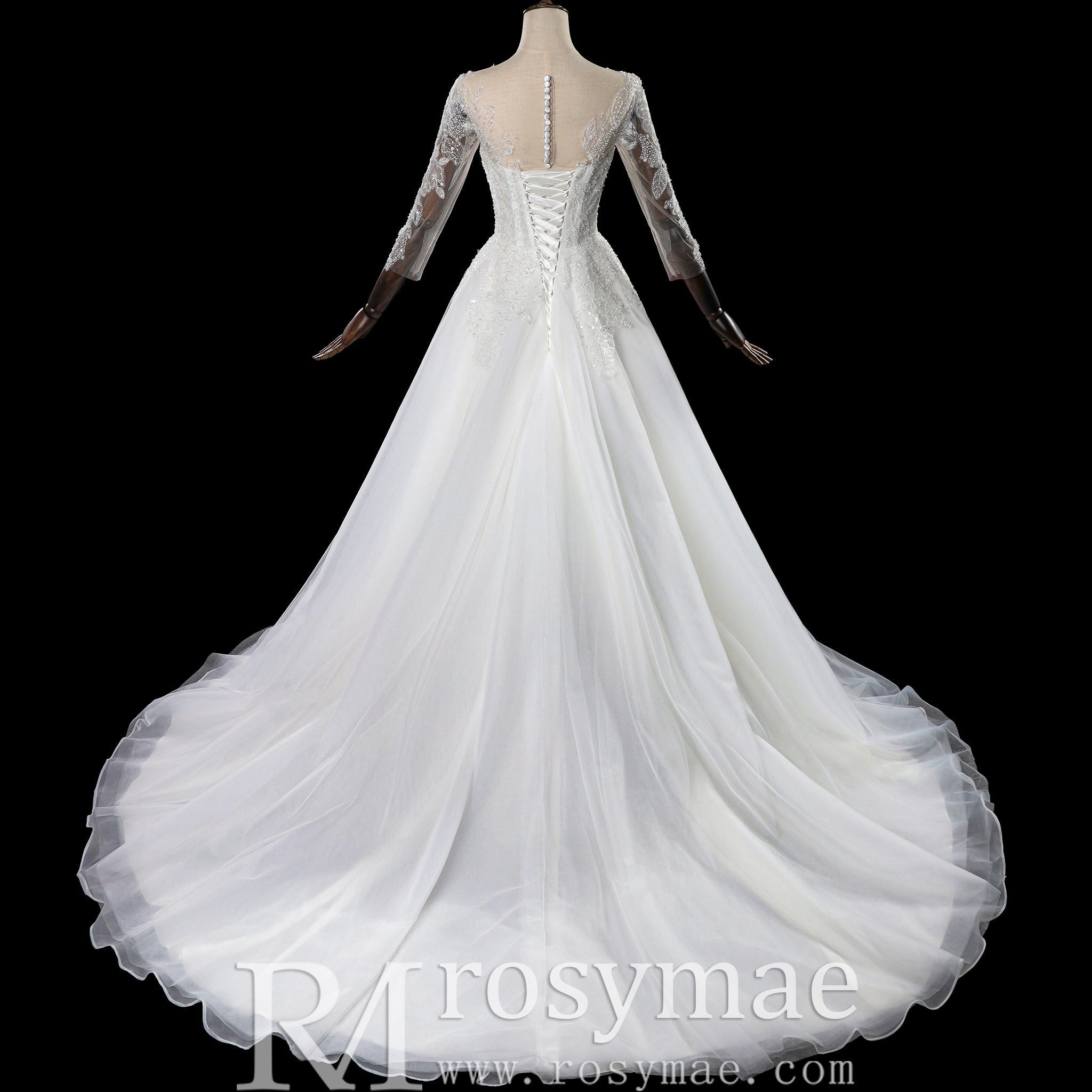 Three-Quarter Sleeves A-Line Ballgown Wedding Dress with Illusion Sweetheart Plunge - Rosymae