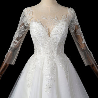 Three-Quarter Sleeves A-Line Ballgown Wedding Dress with Illusion Sweetheart Plunge - Rosymae