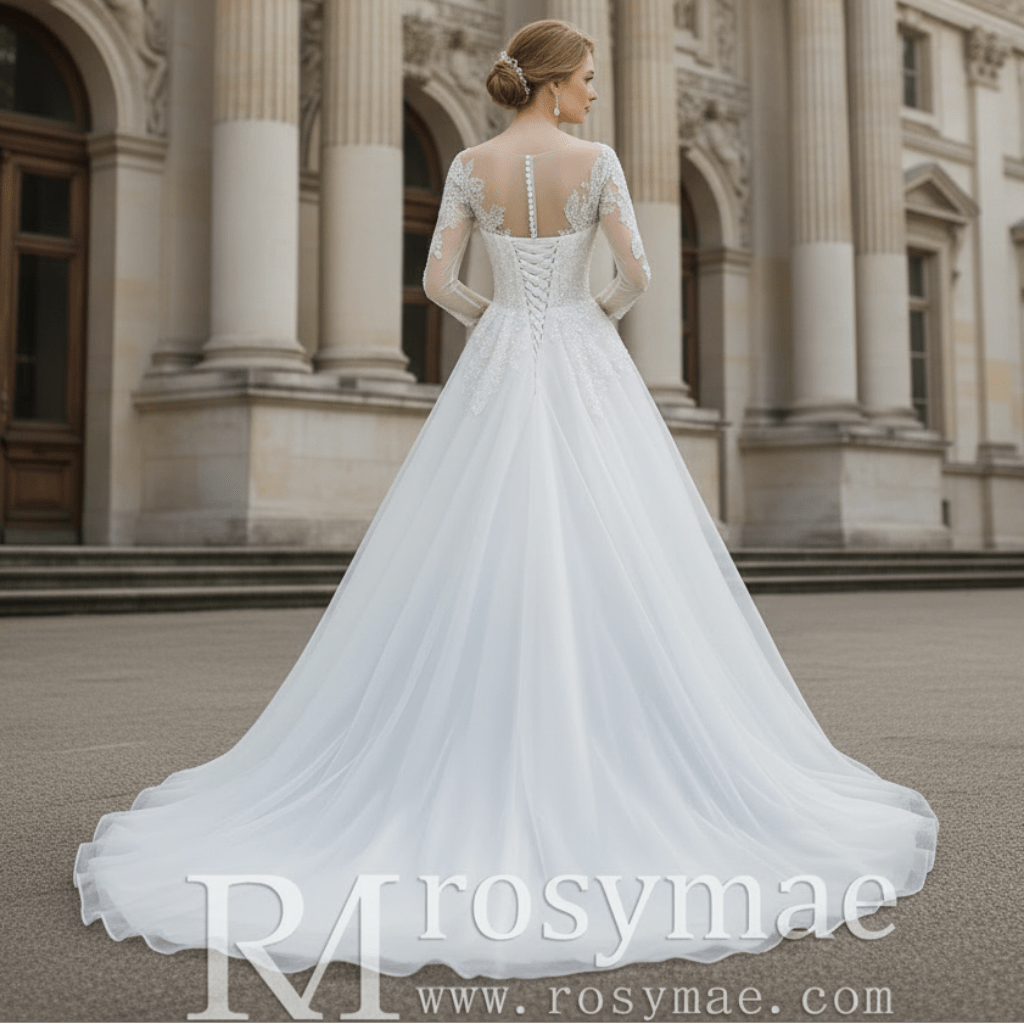 Three-Quarter Sleeves A-Line Ballgown Wedding Dress with Illusion Sweetheart Plunge - Rosymae