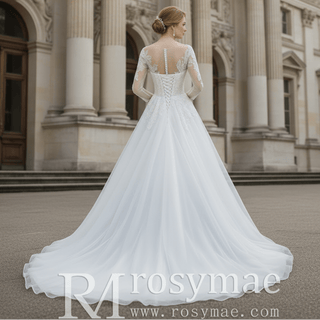 Three-Quarter Sleeves A-Line Ballgown Wedding Dress with Illusion Sweetheart Plunge - Rosymae
