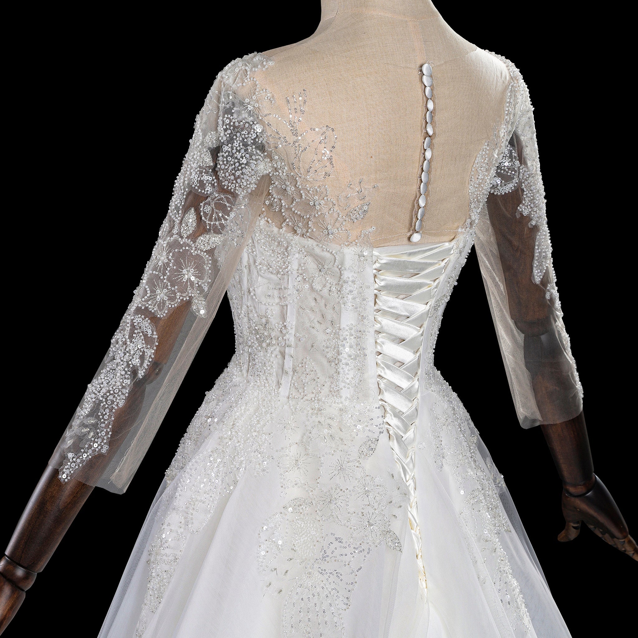 Three-Quarter Sleeves A-Line Ballgown Wedding Dress with Illusion Sweetheart Plunge - Rosymae