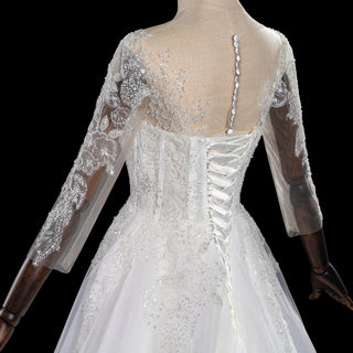 Three-Quarter Sleeves A-Line Ballgown Wedding Dress with Illusion Sweetheart Plunge - Rosymae
