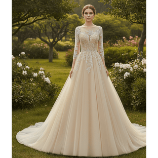 Three-Quarter Sleeves A-Line Ballgown Wedding Dress with Illusion Sweetheart Plunge - Rosymae
