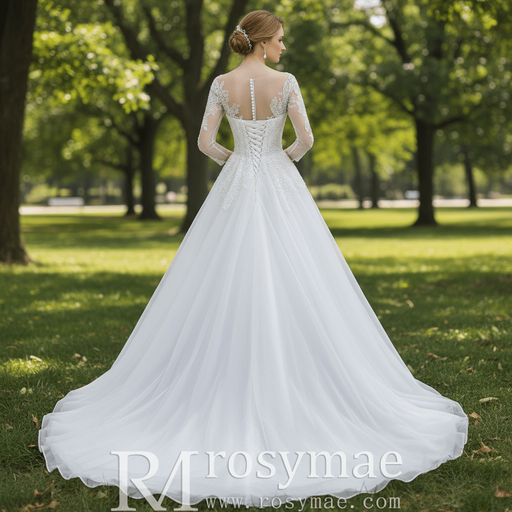 Three-Quarter Sleeves A-Line Ballgown Wedding Dress with Illusion Sweetheart Plunge - Rosymae
