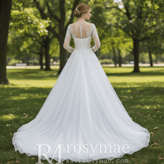 Three-Quarter Sleeves A-Line Ballgown Wedding Dress with Illusion Sweetheart Plunge - Rosymae