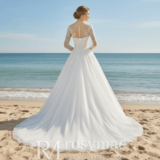 Three-Quarter Sleeves A-Line Ballgown Wedding Dress with Illusion Sweetheart Plunge - Rosymae