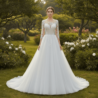 Three-Quarter Sleeves A-Line Ballgown Wedding Dress with Illusion Sweetheart Plunge - Rosymae