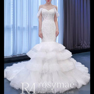 Tiered Ruffle Mermaid Wedding Dress with Detachable Straps - Rosymae
