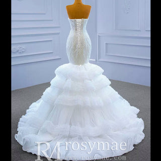 Tiered Ruffle Mermaid Wedding Dress with Detachable Straps - Rosymae