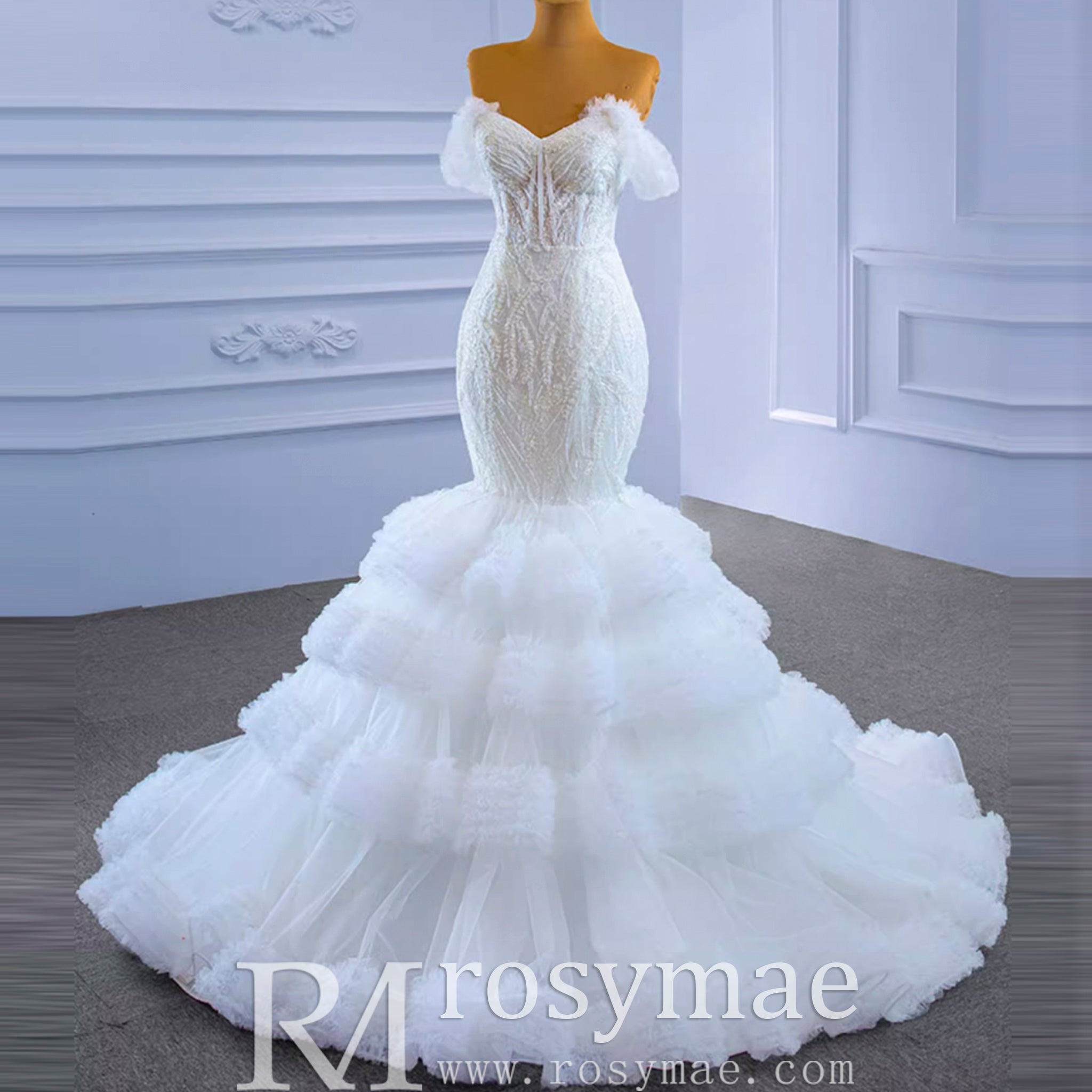 Tiered Ruffle Mermaid Wedding Dress with Detachable Straps - Rosymae