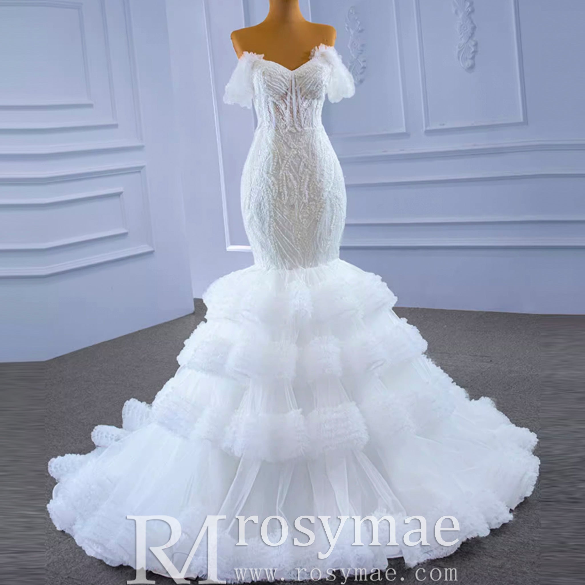 Tiered Ruffle Mermaid Wedding Dress with Detachable Straps - Rosymae