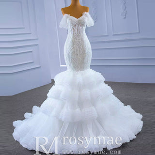 Tiered Ruffle Mermaid Wedding Dress with Detachable Straps - Rosymae