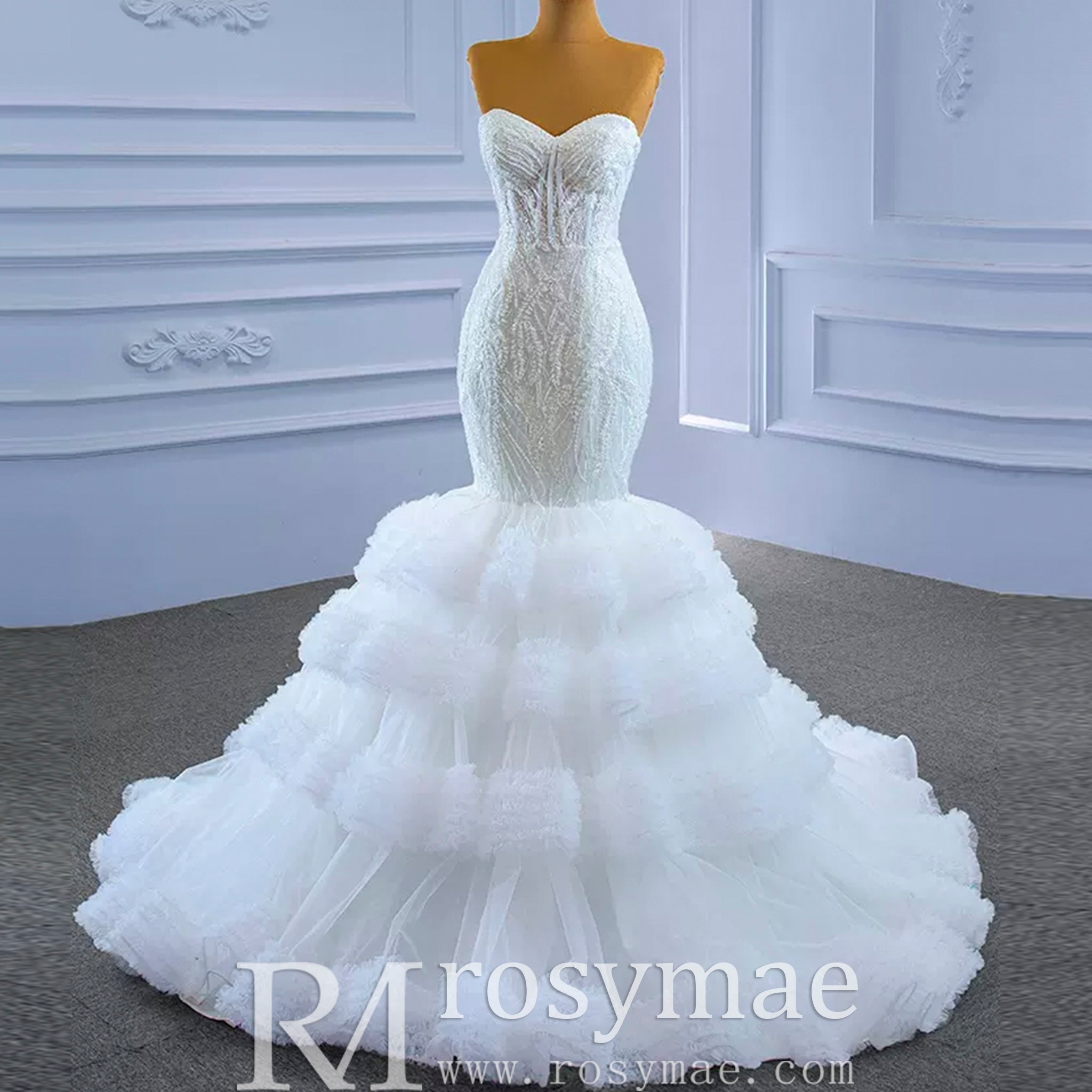 Tiered Ruffle Mermaid Wedding Dress with Detachable Straps - Rosymae