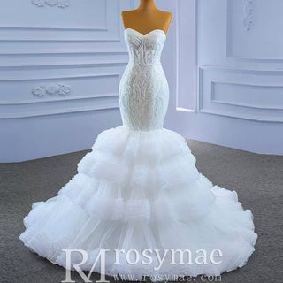 Tiered Ruffle Mermaid Wedding Dress with Detachable Straps - Rosymae