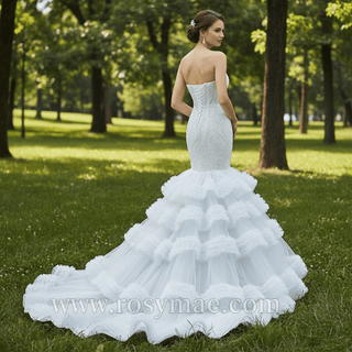 Tiered Ruffle Mermaid Wedding Dress with Detachable Straps - Rosymae