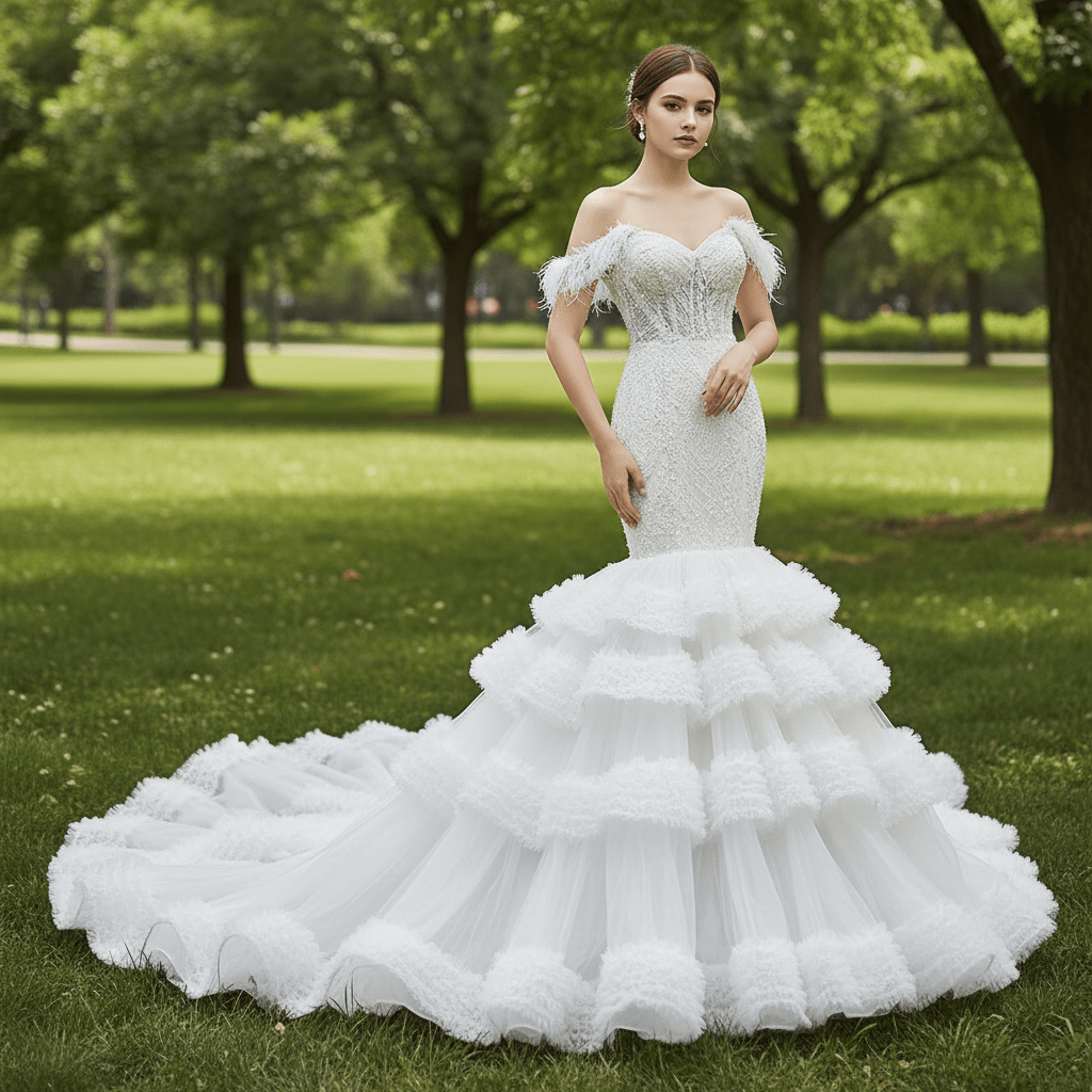 Tiered Ruffle Mermaid Wedding Dress with Detachable Straps - Rosymae