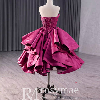 Tiered Ruffled Ssatin Homecoming Dress Strapless Short Prom Gown - Rosymae