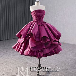 Tiered Ruffled Ssatin Homecoming Dress Strapless Short Prom Gown - Rosymae