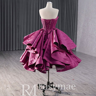 Tiered Ruffled Ssatin Homecoming Dress Strapless Short Prom Gown - Rosymae