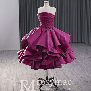 Tiered Ruffled Ssatin Homecoming Dress Strapless Short Prom Gown - Rosymae