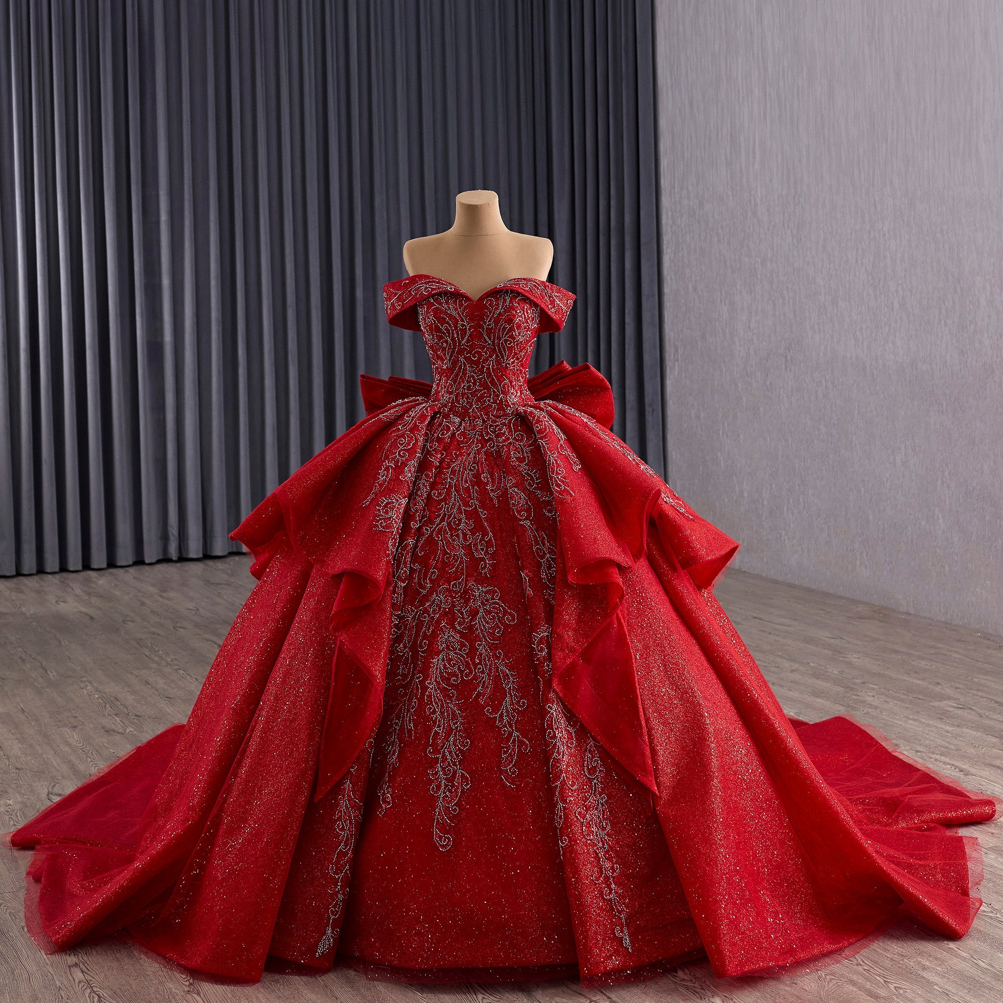 Tiered Skirt Quinceañera Dress with Silver Crystal Beading and Royal Train - Rosymae