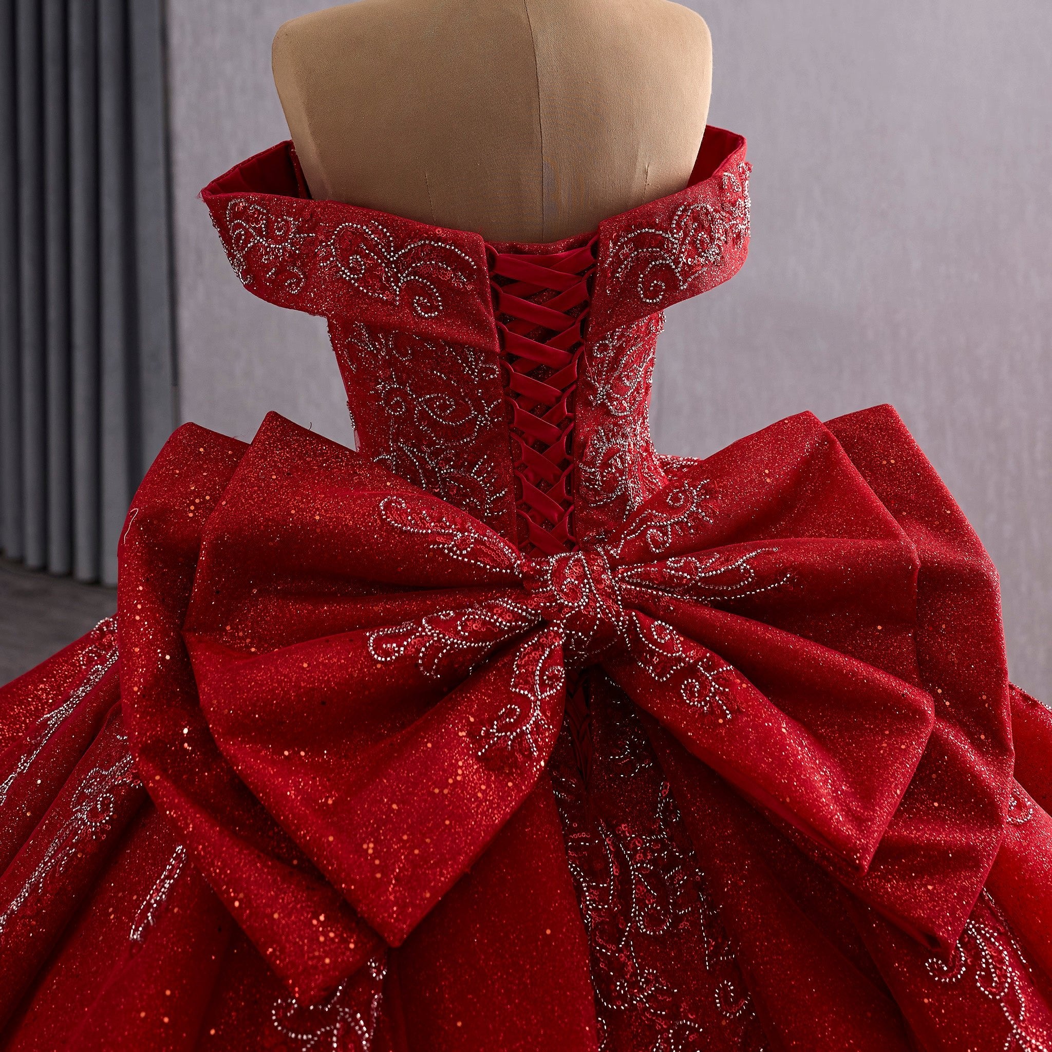 Tiered Skirt Quinceañera Dress with Silver Crystal Beading and Royal Train - Rosymae