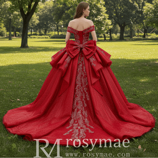 Tiered Skirt Quinceañera Dress with Silver Crystal Beading and Royal Train - Rosymae