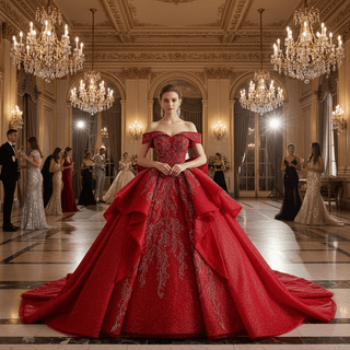 Tiered Skirt Quinceañera Dress with Silver Crystal Beading and Royal Train - Rosymae