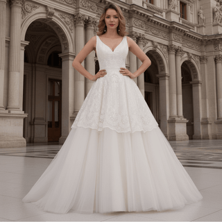 Timeless Ball Gown Multi V-neck Tulle Wedding Dress Tank Sleeve - Rosymae