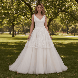 Timeless Ball Gown Multi V-neck Tulle Wedding Dress Tank Sleeve - Rosymae