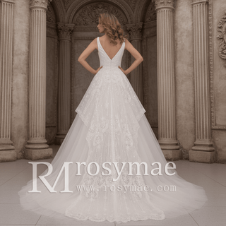 Timeless Ball Gown Multi V-neck Tulle Wedding Dress Tank Sleeve - Rosymae