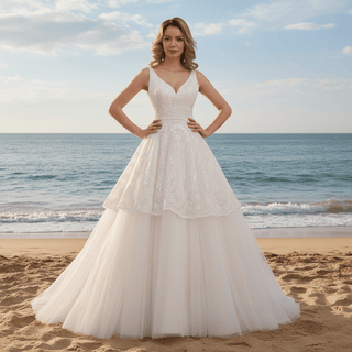 Timeless Ball Gown Multi V-neck Tulle Wedding Dress Tank Sleeve - Rosymae