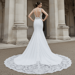 Top Tank Sheer Bodice Fit Flare Floral Lace Satin Wedding Dress - Rosymae