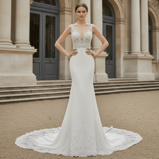 Top Tank Sheer Bodice Fit Flare Floral Lace Satin Wedding Dress - Rosymae