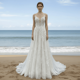 Trendy A-line Tulle Floral Lace Wedding Dress with Sapaghetti Strap - Rosymae