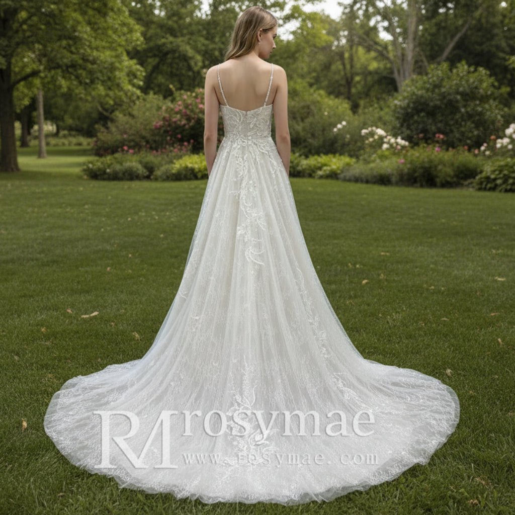 Trendy A-line Tulle Floral Lace Wedding Dress with Sapaghetti Strap - Rosymae