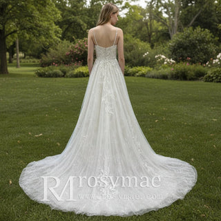 Trendy A-line Tulle Floral Lace Wedding Dress with Sapaghetti Strap - Rosymae