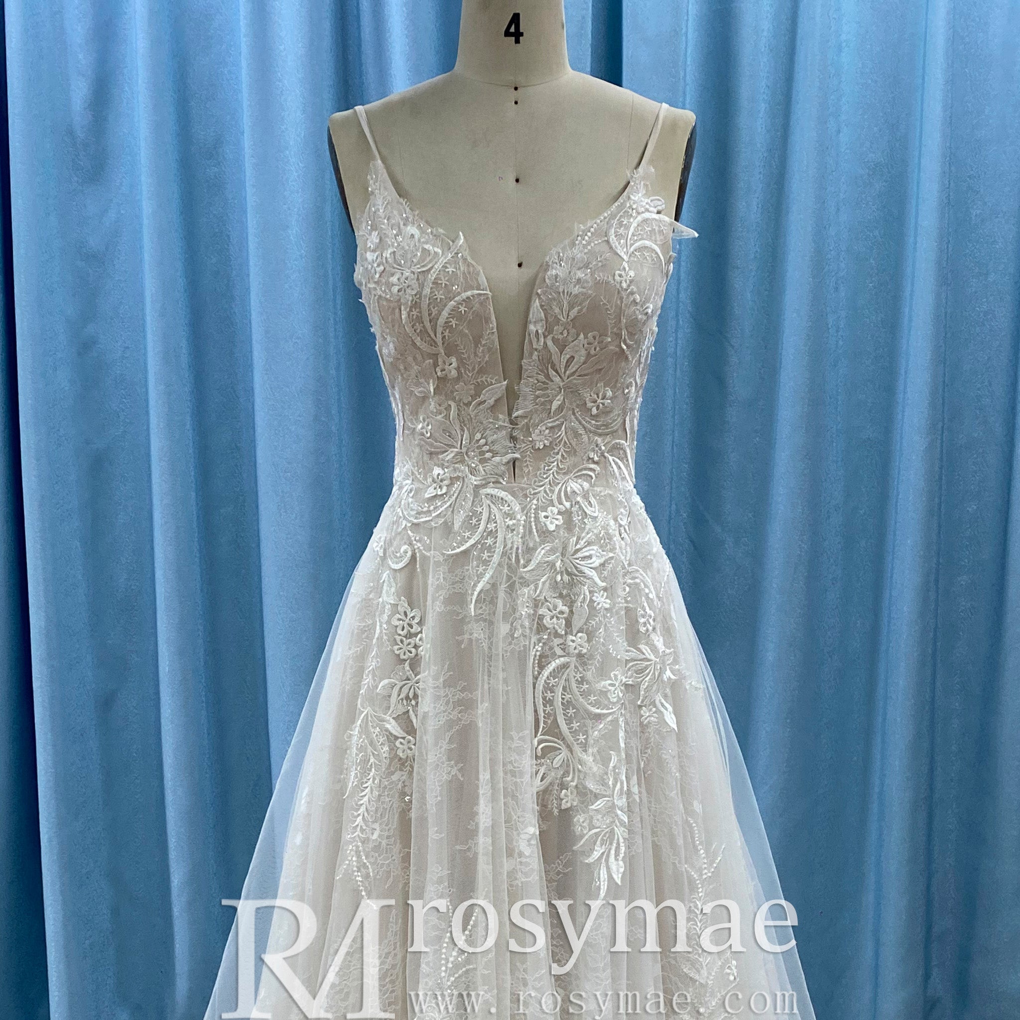 Trendy A-line Tulle Floral Lace Wedding Dress with Sapaghetti Strap - Rosymae