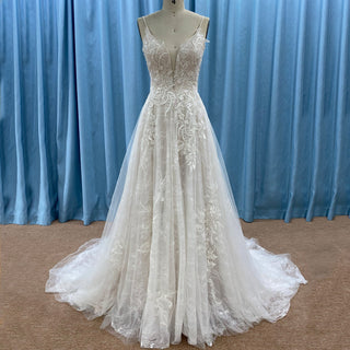 Trendy A-line Tulle Floral Lace Wedding Dress with Sapaghetti Strap - Rosymae