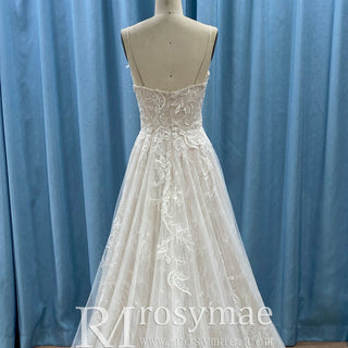 Trendy A-line Tulle Floral Lace Wedding Dress with Sapaghetti Strap - Rosymae